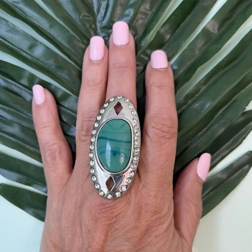 Ladies Cocktail Costume Jewelry Ring Silver Tone Band Faux Turquoise Adustable